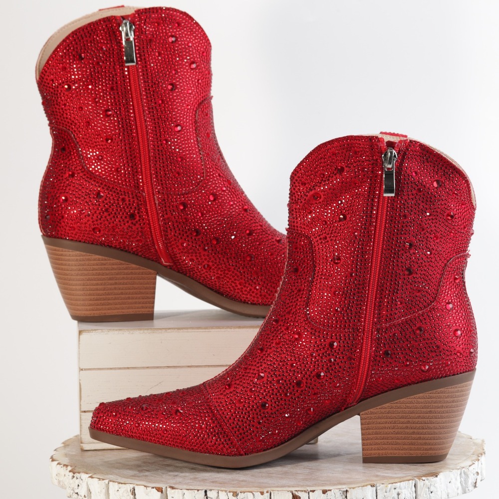 Red Rhinestone Western Ankle Boots Pointed Toe Sparkly Cowboy Booties Womens
